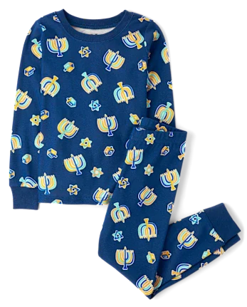 Kids Matching Family Glow Hanukkah Snug Fit Cotton Pajamas - blue