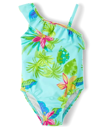 Baby And Toddler Girls Tropical One Shoulder One Piece Swimsuit - blue