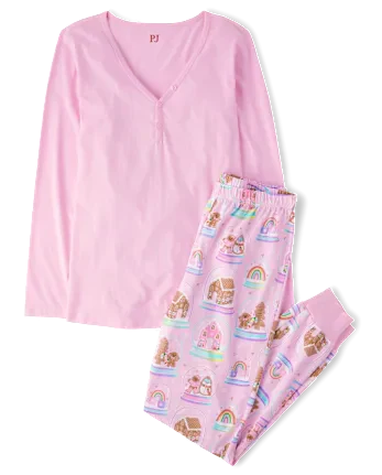 Womens Mommy And Me Gingerbread Snow Globe Cotton Henley Pajamas - pink