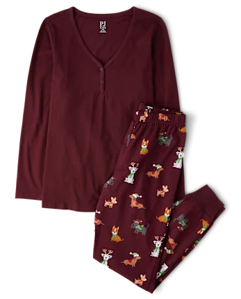 Womens Matching Family Holiday Dog Cotton Henley Pajamas - burgundy