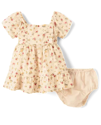 Baby Girls Floral Ruffle Fit And Flare Dress - tan