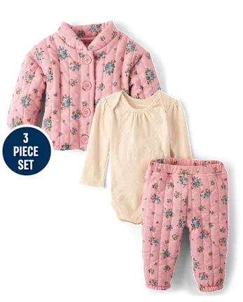 Baby Girls Floral 3-Piece Playwear Set - pink