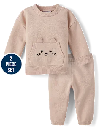 Baby Girls Bear Premium Fleece 2-Piece Playwear Set - tan