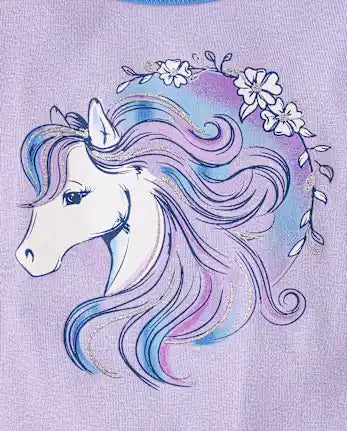 Girls Horse Snug Fit Cotton Henley Pajamas - white