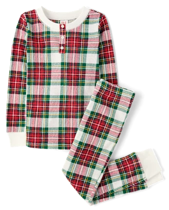 Kids Matching Family Plaid Thermal Henley Pajamas - white