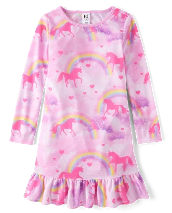 Girls Rainbow Unicorn Ruffle Nightgown - pink