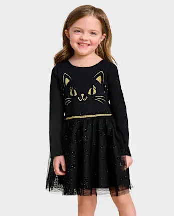 Baby And Toddler Girls Glitter Cat Tutu Dress - black