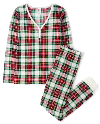 Womens Matching Family Plaid Thermal Henley Pajamas - white