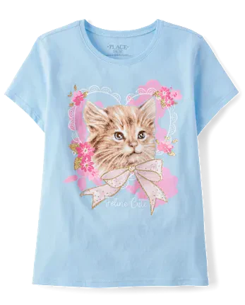 Girls Cat Heart Graphic Tee - blue