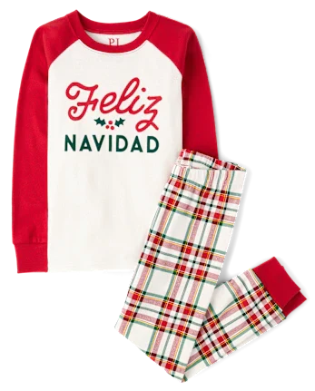 Kids Matching Family Feliz Navidad Snug Fit Cotton Pajamas - white