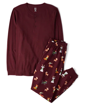 Mens Matching Family Holiday Dog Cotton Henley Pajamas - burgundy