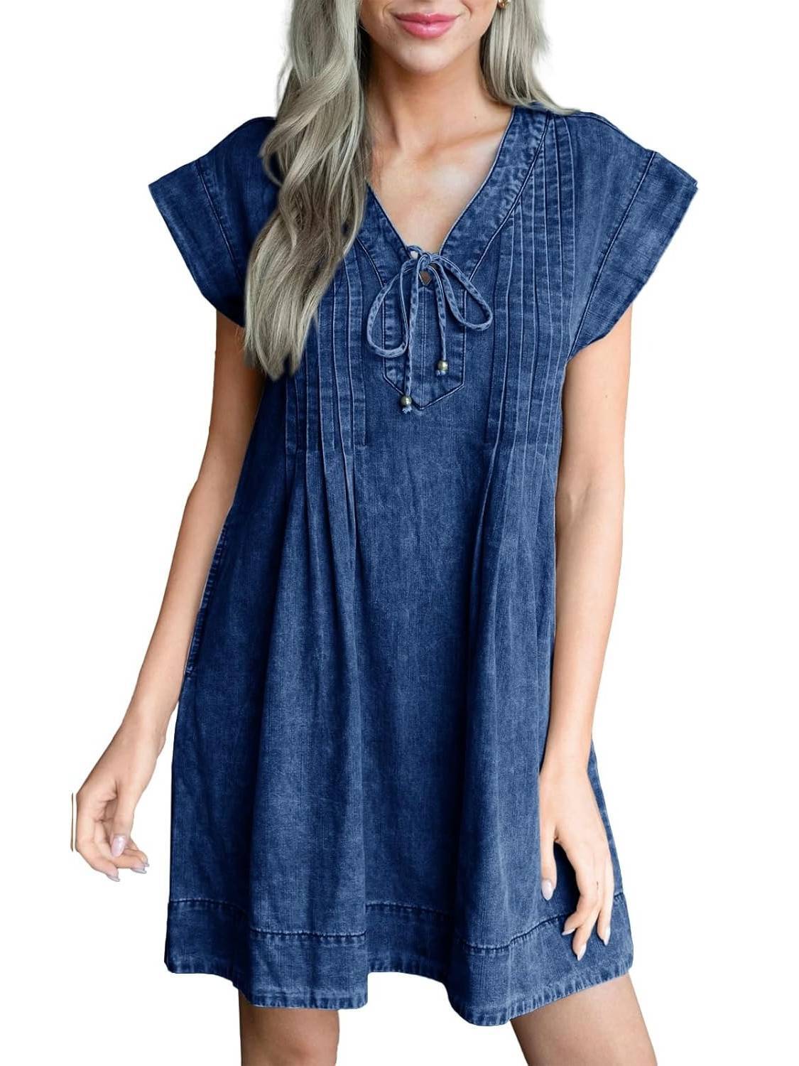 ✨Women's V-neck Pleated Denim Dress With Pockets(Buy 2 Free Shipping)