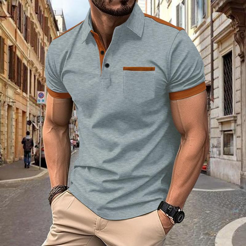 Men's Colorblock Chest Pocket Lapel Cotton Blend Short Sleeve Polo Shirt