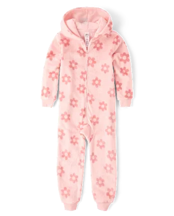 Girls Floral One Piece Pajamas - Cozy Fleece - pink