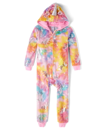 Girls Foil Unicorn One Piece Pajamas - Cozy Fleece - pink