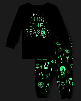 Baby And Toddler Matching Family Glow Tis The Season Snug Fit Cotton Pajamas - black