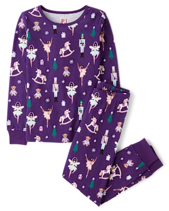 Girls Glow Nutcracker Ballerina Snug Fit Cotton Pajamas - purple