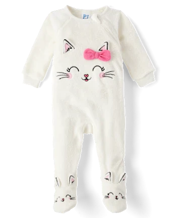 Baby And Toddler Girls Cat Fleece Footed One Piece Pajamas - white