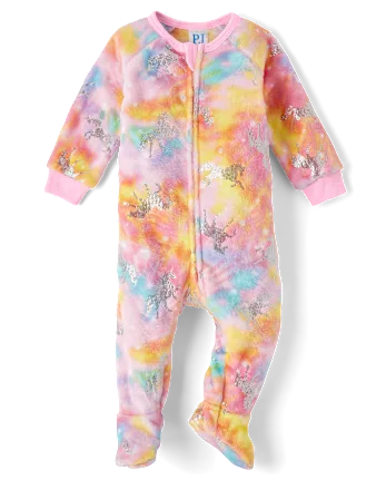 Baby And Toddler Girls Foil Unicorn Fleece Footed One Piece Pajamas - pink