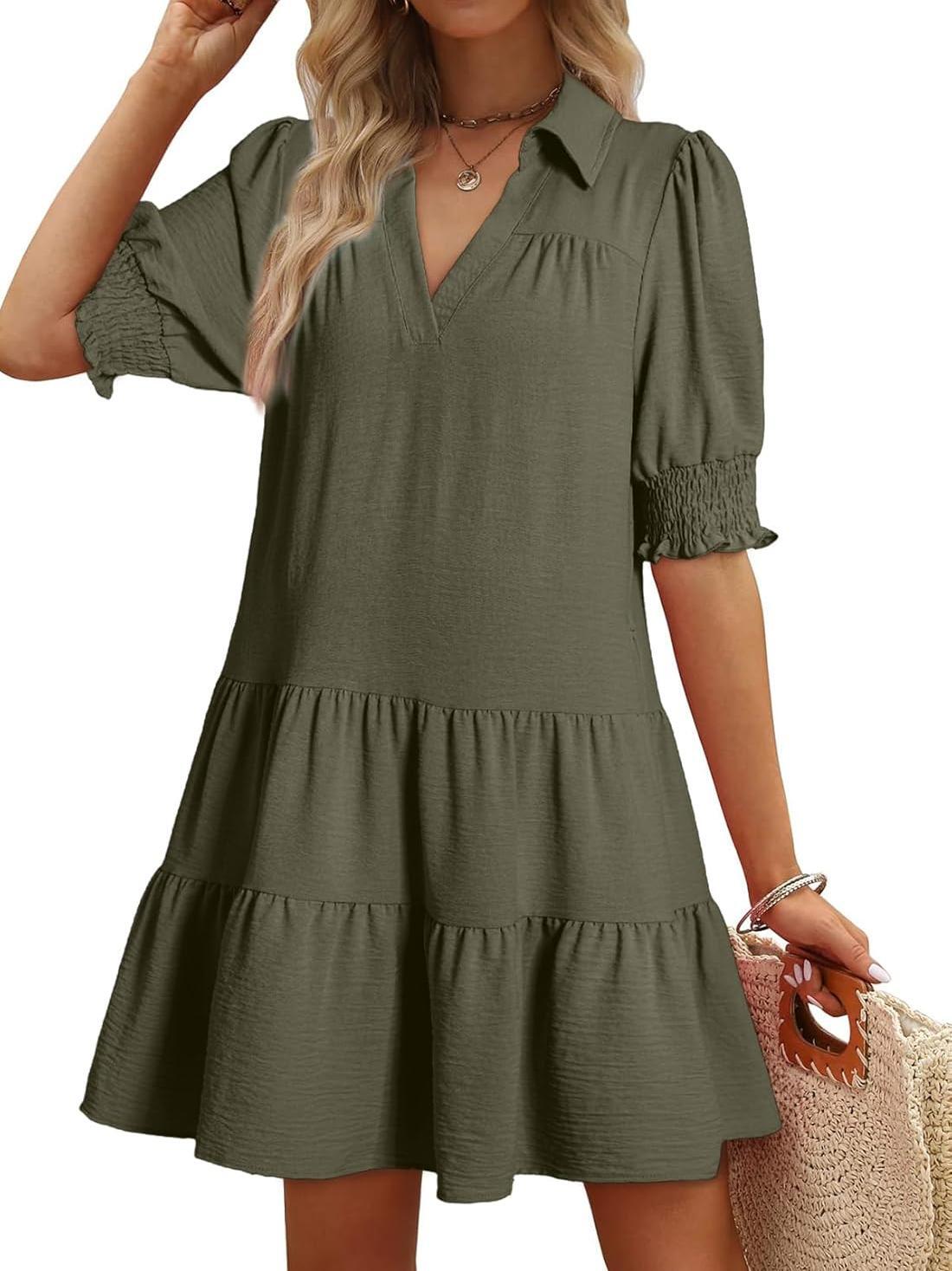 📣Smocked Sleeve Tiered V-Neck Mini Dress (Buy 2 Free Shipping)