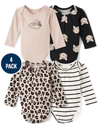 Baby Girls Leopard Bodysuit 4-Pack - tan