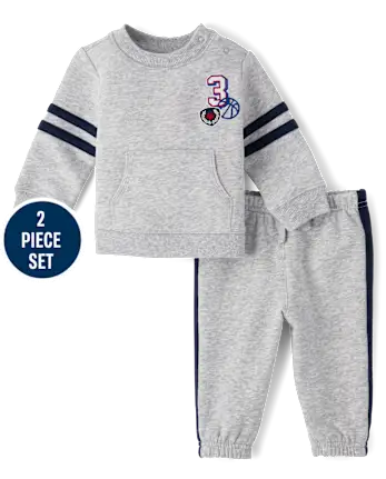 Baby Boys Embroidered Varsity Premium Fleece 2-Piece Playwear Set - gray