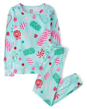 Girls Holiday Candy Snug Fit Velour Pajamas - aqua