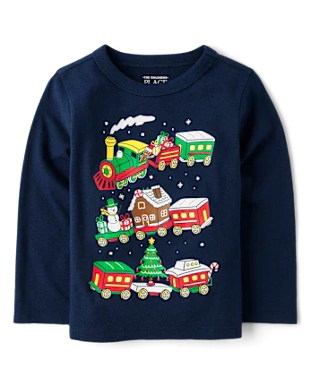Baby And Toddler Boys Christmas Village Train Graphic Tee - blue