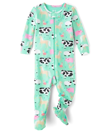 Baby And Toddler Girls Farm Animal Snug Fit Cotton Footed One Piece Pajamas - blue