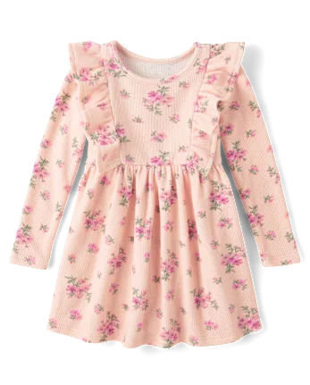 Baby And Toddler Girls Floral Plush Winter Waffle Thermal Babydoll Dress - pink