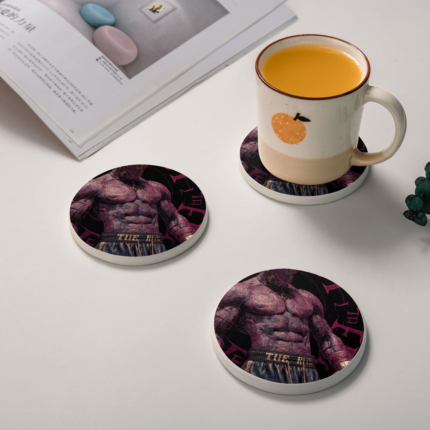 "Tattooed Champion" Creative Round Coaster | Powerful Muscle and Tattoo Illustration Design