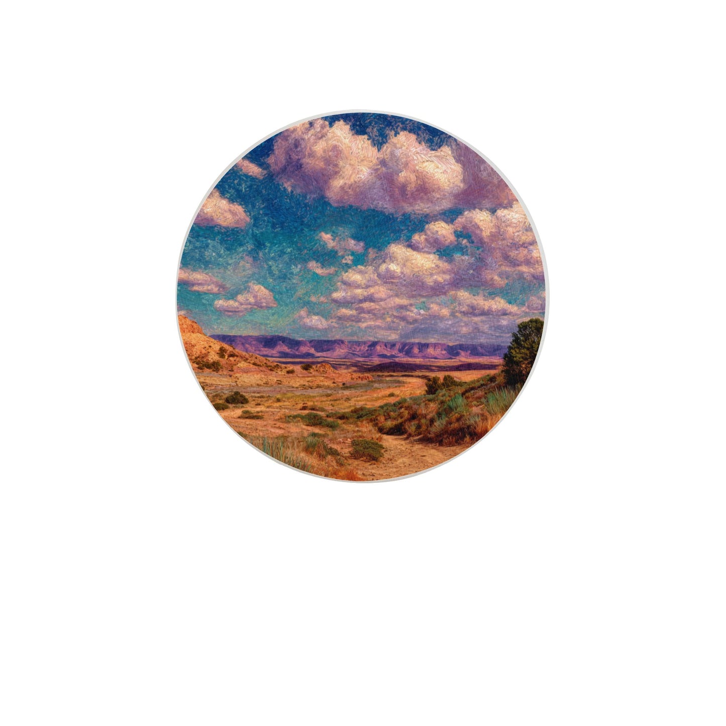 "Cloud Sea Desert" Creative Round Coaster | Vibrant Desert Landscape and Sky Illustration Design
