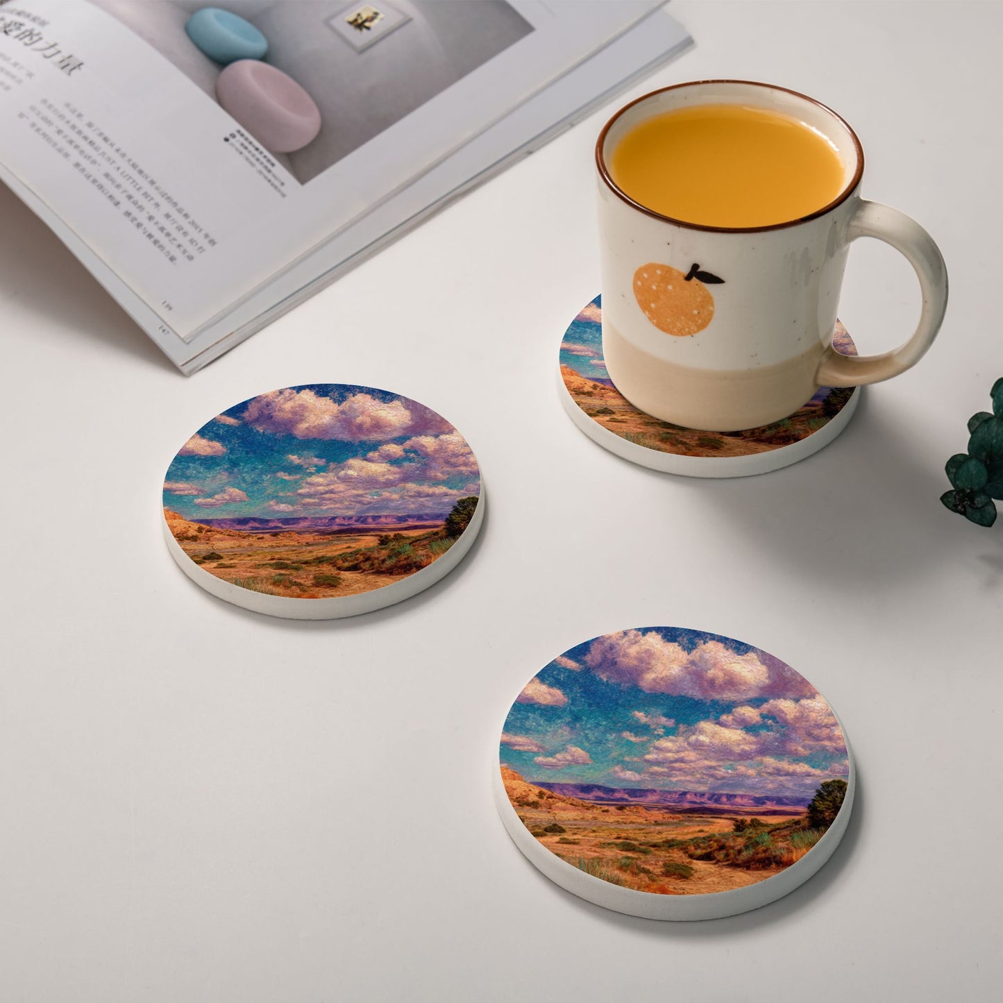 "Cloud Sea Desert" Creative Round Coaster | Vibrant Desert Landscape and Sky Illustration Design