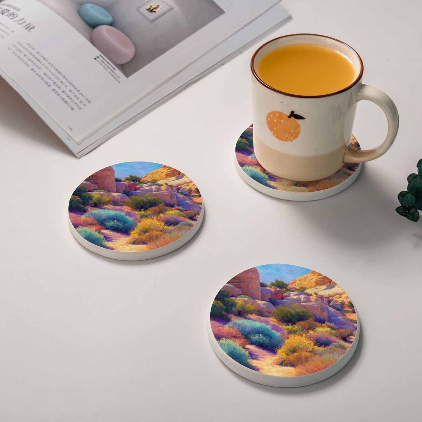 "Desert Blooms" Creative Round Coaster | Vibrant Desert Landscape Illustration, Full of Natural Vitality