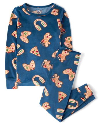 Boys Gingerbread Gamer Snug Fit Velour Pajamas - blue