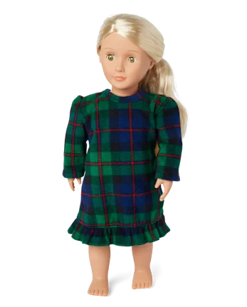 Doll Matching Family Tartan Plaid Microfleece Ruffle Nightgown - green