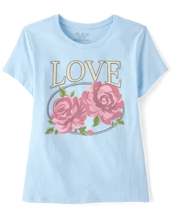 Girls Love Rose Graphic Tee - blue