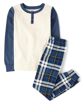 Boys Plaid Snug Fit Cotton Henley Pajamas - blue