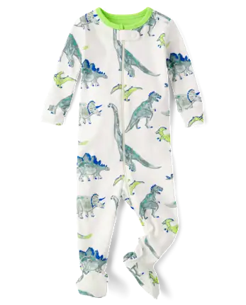 Baby And Toddler Boys Dino Snug Fit Cotton Footed One Piece Pajamas - white