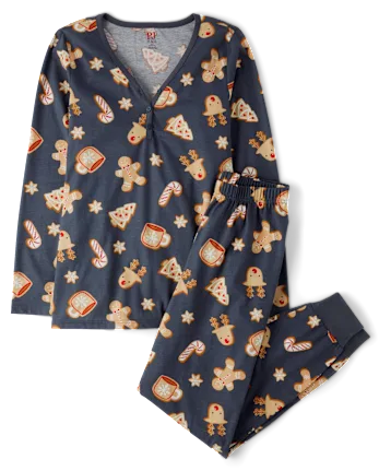 Womens Matching Family Ginerbread Cotton Henley Pajamas - gray