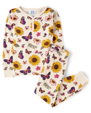 Girls Floral Butterfly Snug Fit Cotton Henley Pajamas - tan