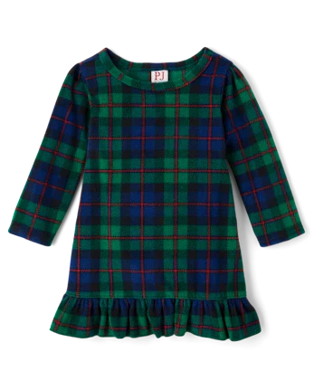 Baby Girls Matching Family Tartan Plaid Microfleece Ruffle Nightgown - green