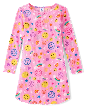 Girls Happy Face Thermal Henley Nightgown - pink