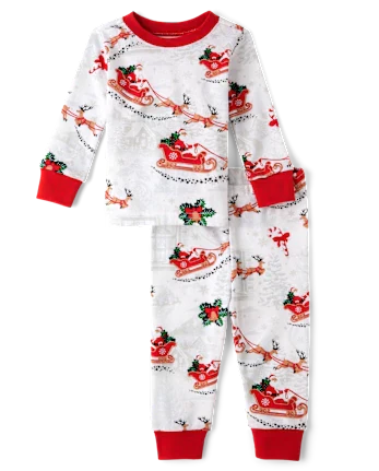Baby And Toddler Matching Family Santa Sleigh Snug Fit Cotton Pajamas - white