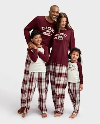 Baby And Toddler Matching Family Thankful For Family Cotton And Flannel Pajamas - burgundy