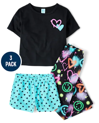 Girls Heart 3-Piece Pajama Set - black
