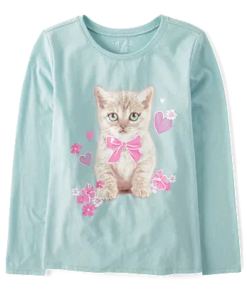 Girls Bow Cat Graphic Tee - blue