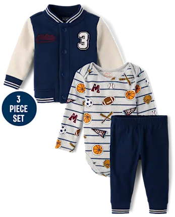Baby Boys Embroidered Varsity 3-Piece Playwear Set - burgundy