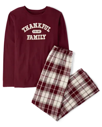 Adult Matching Family Thankful For Family Cotton And Flannel Pajamas - burgundy