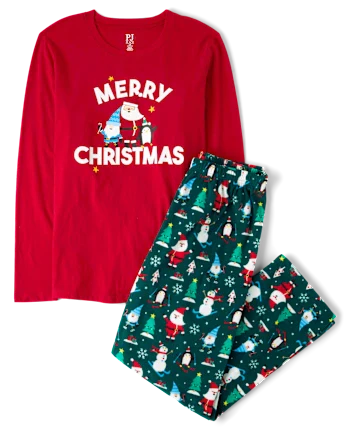 Adult Matching Family Merry Christmas Cotton And Microfleece Pajamas - green